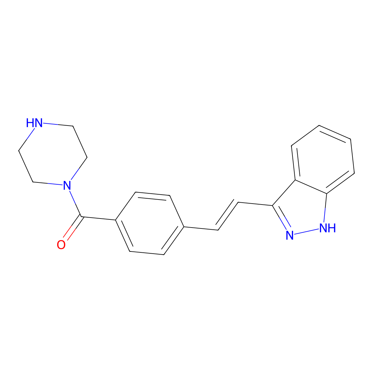 [4-[2-(1H-indazol-3-yl)ethenyl]phenyl]-(1-piperazinyl)methanone molecular structure, CAS 841259-17-4
