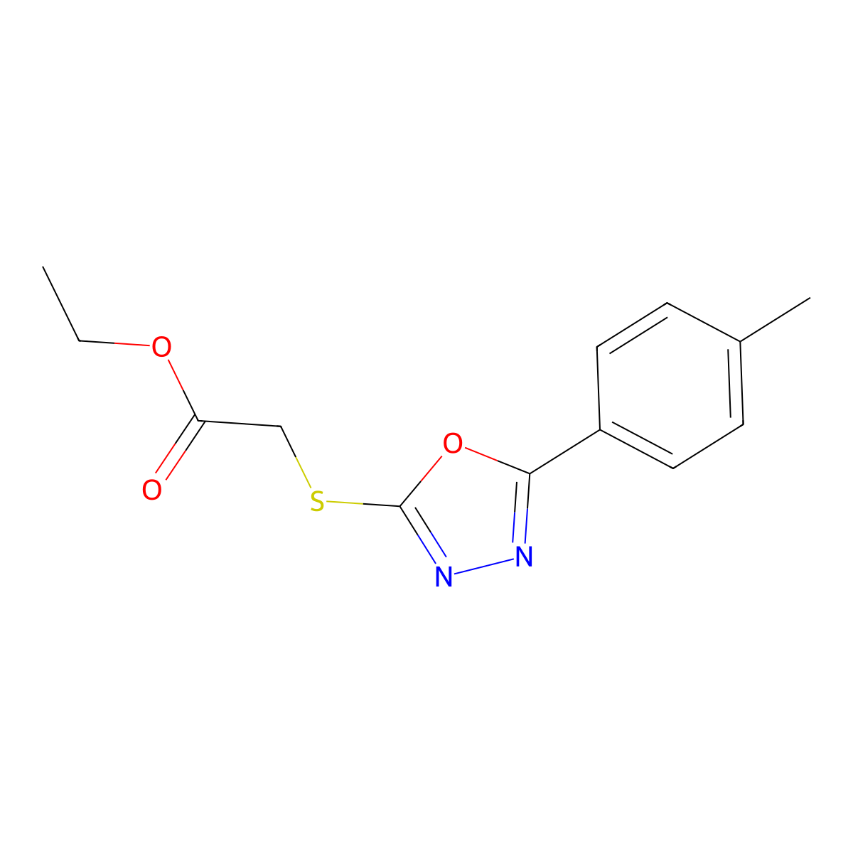 Ethyl 2-((5-(p-tolyl)-1,3,4-oxadiazol-2-yl)thio)acetate molecular structure, CAS 84160-40-7