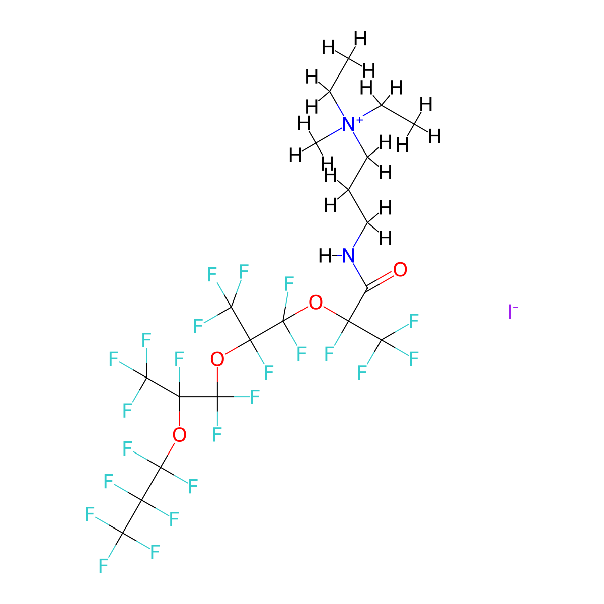 N,N-Diethyl-1,1,1,2,2,3,3,5,6,6,8,9,9,11-tetradecafluoro-N-methyl-12-oxo-5,8,11-tris(trifluoromethyl)-4,7,10-trioxa-13-azahexadecan-16-aminium iodide molecular structure, CAS 84166-37-0