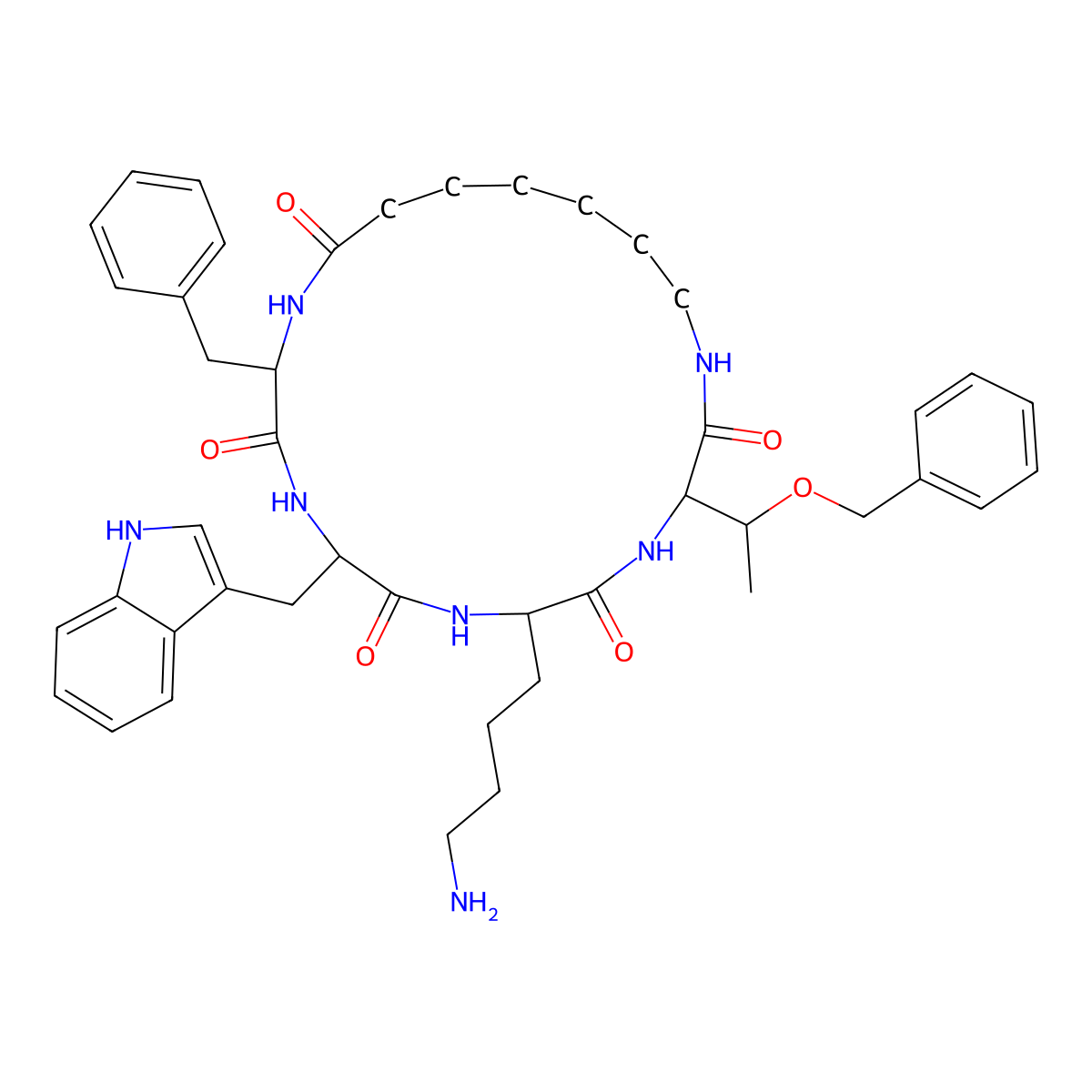 6-(4-Aminobutyl)-12-benzyl-3-(1-(benzyloxy)ethyl)-9-((1H-indol-3-yl)methyl)-1,4,7,10,13-pentaazacycloicosa-1,4,7,10,13-pentaene-2,5,8,11,14-pentol molecular structure, CAS 84211-54-1