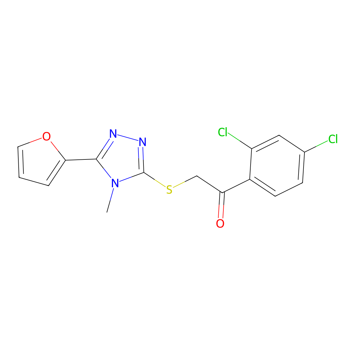 1-(2,4-Dichlorophenyl)-2-[[5-(furan-2-yl)-4-methyl-1,2,4-triazol-3-yl]sulfanyl]ethanone molecular structure, CAS 842116-03-4