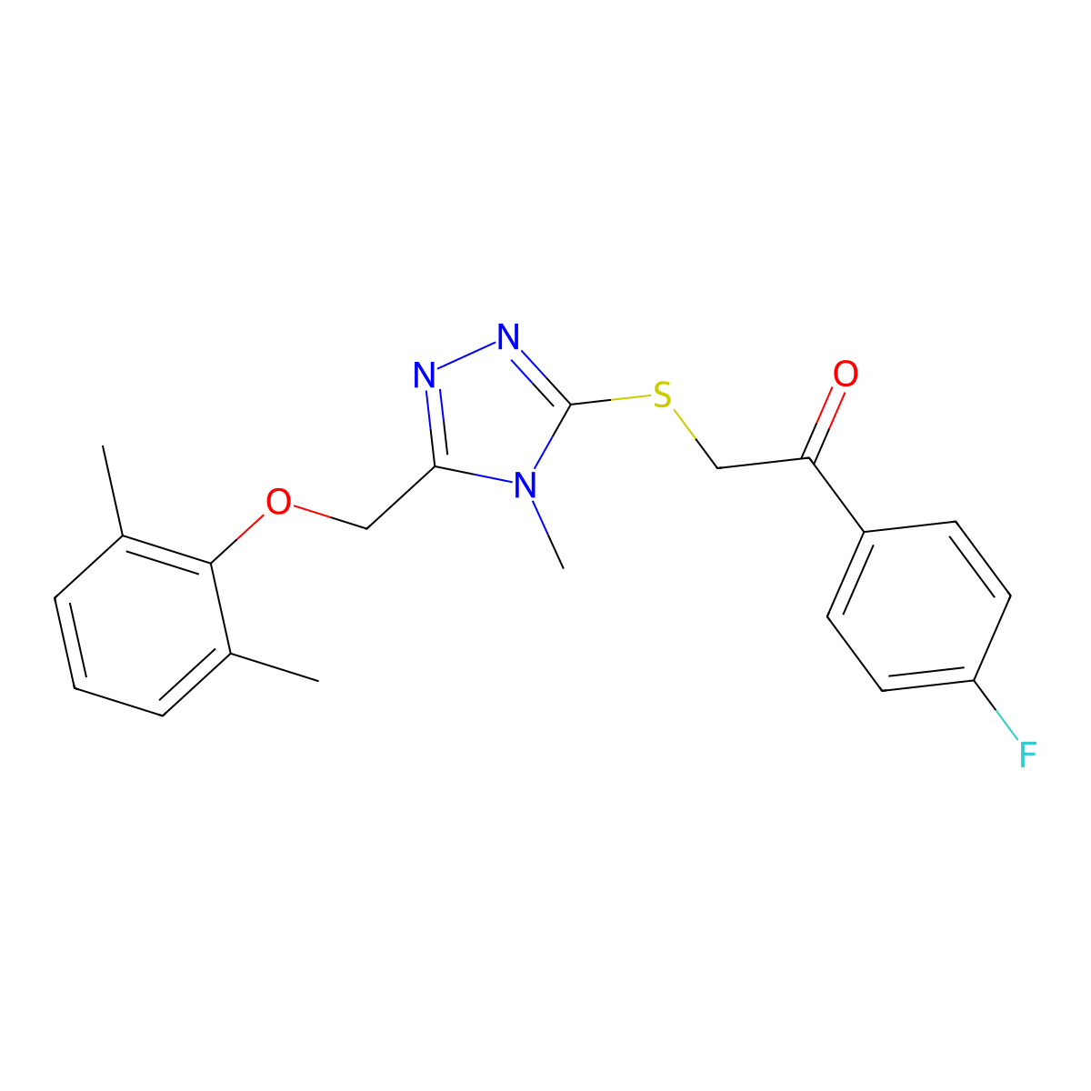 2-[[5-[(2,6-Dimethylphenoxy)methyl]-4-methyl-1,2,4-triazol-3-yl]sulfanyl]-1-(4-fluorophenyl)ethanone molecular structure, CAS 842116-86-3