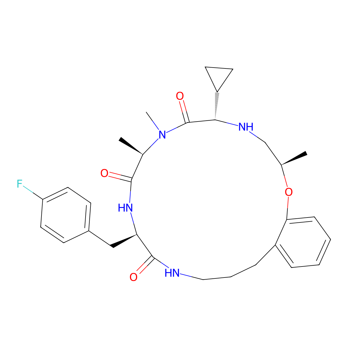 D-Phenylalanine, (2S)-N-((2R)-2-(2-(3-aminopropyl)phenoxy)propyl)-2-cyclopropylglycyl-N-methyl-D-alanyl-4-fluoro-, (3->1)-lactam molecular structure, CAS 842131-33-3
