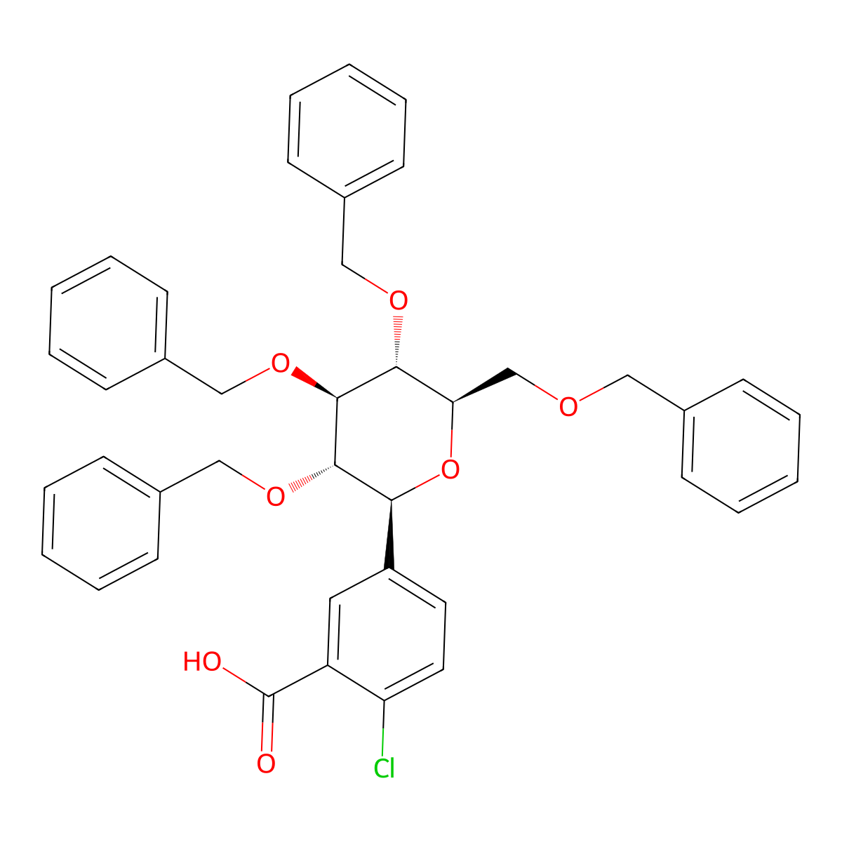 2-chloro-5-[(2S,3S,4R,5R,6R)-3,4,5-tris(benzyloxy)-6-[(benzyloxy)methyl]oxan-2-yl]benzoic acid molecular structure, CAS 842133-80-6