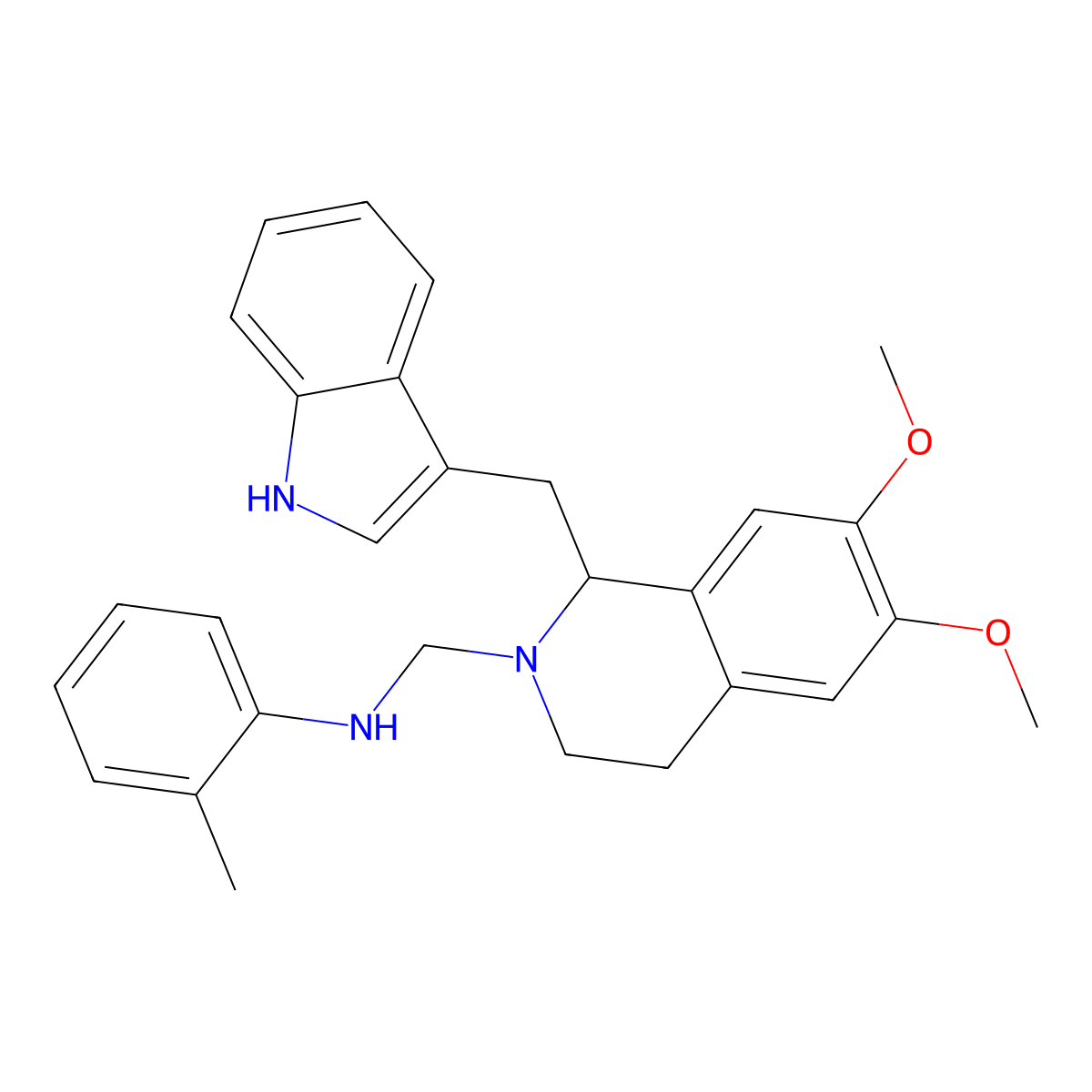 Isoquinoline, 1,2,3,4-tetrahydro-6,7-dimethoxy-1-(3-indolylmethyl)-2-((o-toluidino)methyl)- molecular structure, CAS 84218-41-7