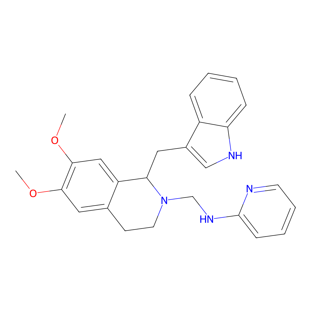 Isoquinoline, 1,2,3,4-tetrahydro-6,7-dimethoxy-1-(3-indolylmethyl)-2-((2-pyridylamino)methyl)- molecular structure, CAS 84218-46-2