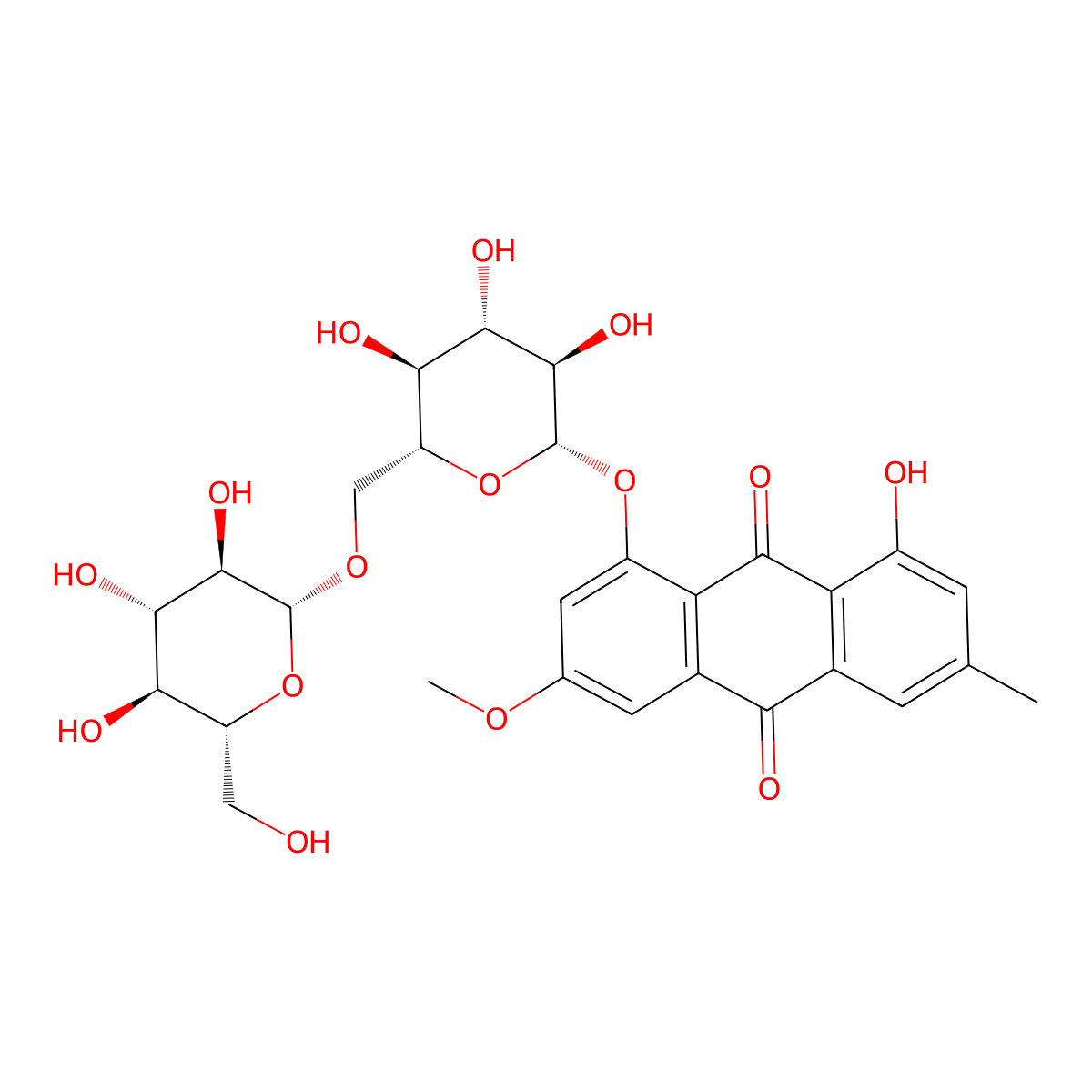 1-((6-O-beta-D-Glucopyranosyl-beta-D-glucopyranosyl)oxy)-8-hydroxy-3-methoxy-6-methyl-9,10-anthracenedione molecular structure, CAS 84268-38-2