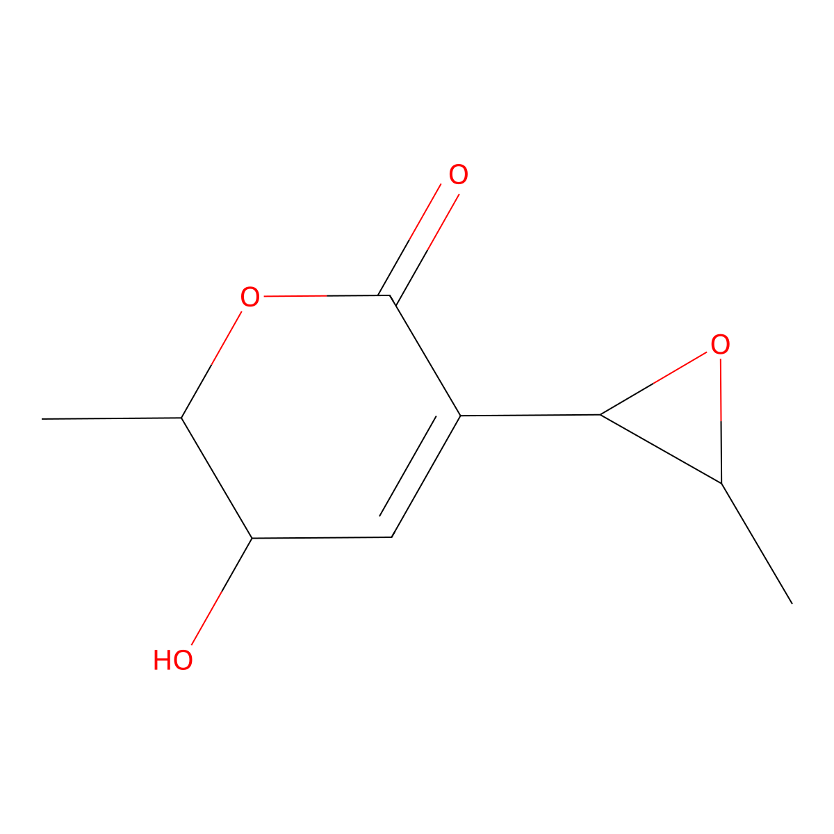 2H-Pyran-2-one, 5,6-dihydro-5-hydroxy-6-methyl-3-(3-methyloxiranyl)- molecular structure, CAS 84276-21-1