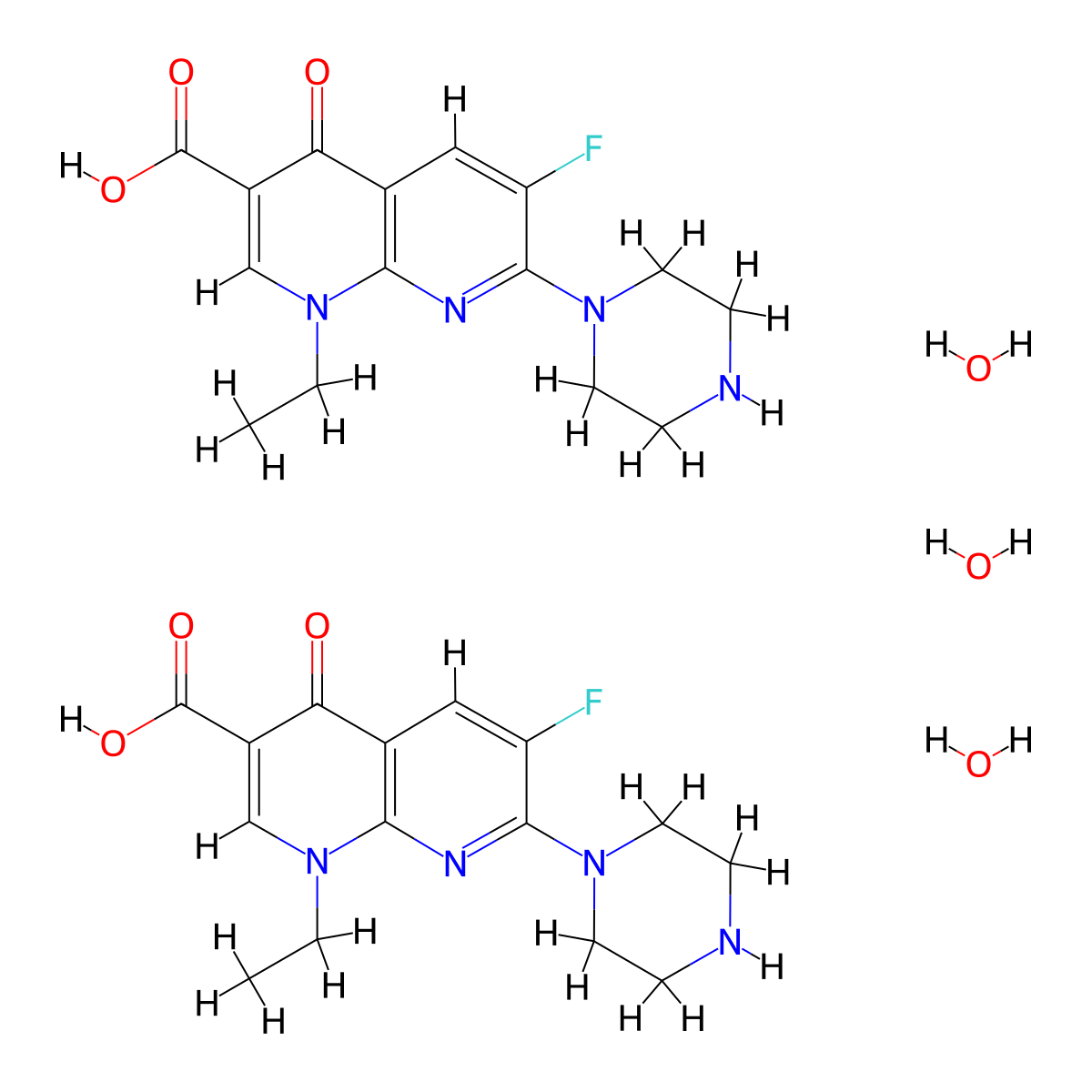 1,8-Naphthyridine-3-carboxylic acid, 1-ethyl-6-fluoro-1,4-dihydro-4-oxo-7-(1-piperazinyl)-, hydrate (2:3) molecular structure, CAS 84294-96-2