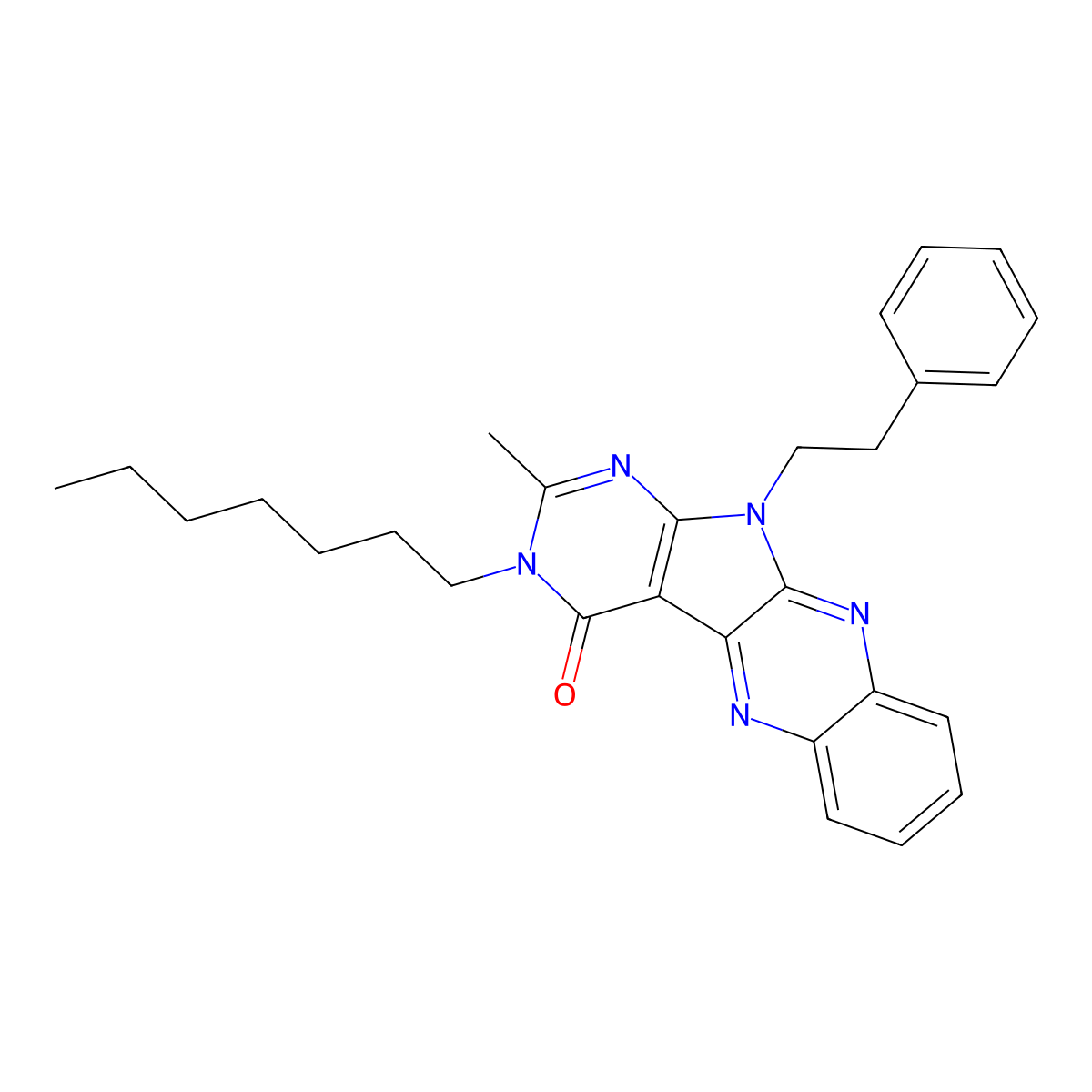 3-heptyl-2-methyl-11-(2-phenylethyl)-3,11-dihydro-4H-pyrimido[5',4':4,5]pyrrolo[2,3-b]quinoxalin-4-one molecular structure, CAS 842954-84-1