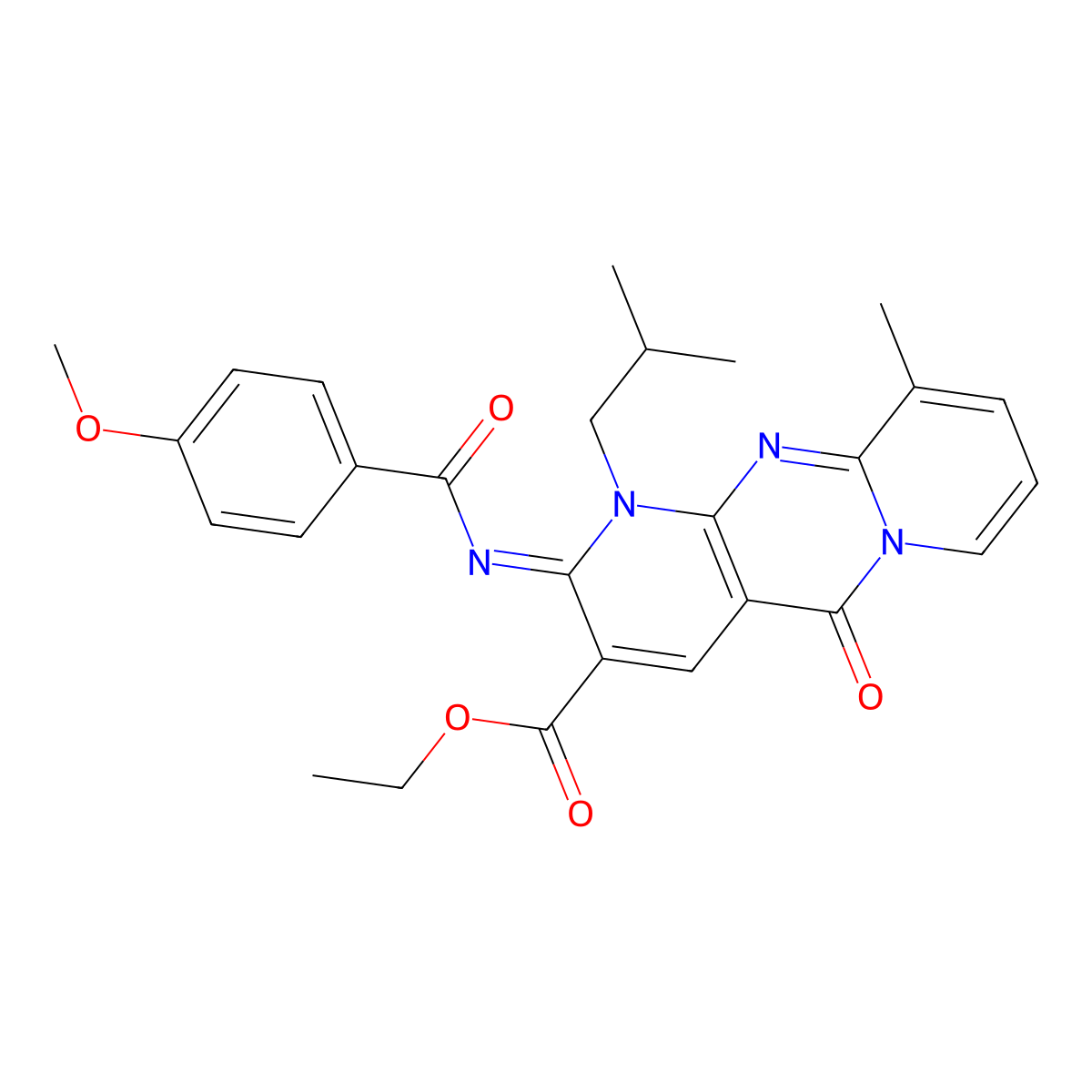 ethyl 1-isobutyl-2-[(4-methoxybenzoyl)imino]-10-methyl-5-oxo-1,5-dihydro-2H-dipyrido[1,2-a:2,3-d]pyrimidine-3-carboxylate molecular structure, CAS 842956-80-3
