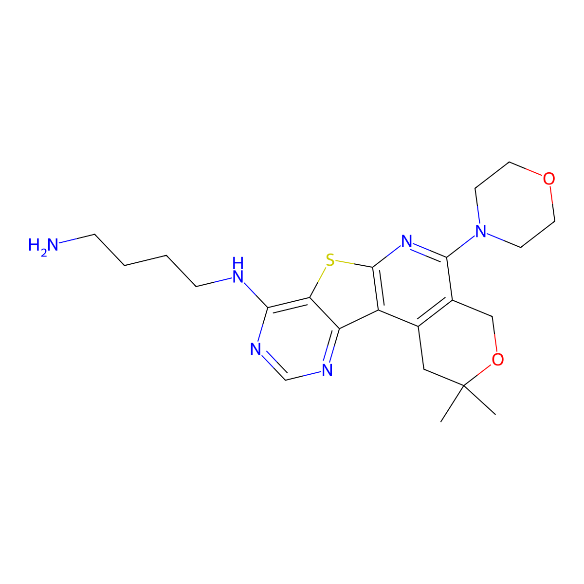 N1-(2,2-dimethyl-5-morpholino-2,4-dihydro-1H-pyrano[4'',3'':4',5']pyrido[3',2':4,5]thieno[3,2-d]pyrimidin-8-yl)butane-1,4-diamine molecular structure, CAS 842957-52-2
