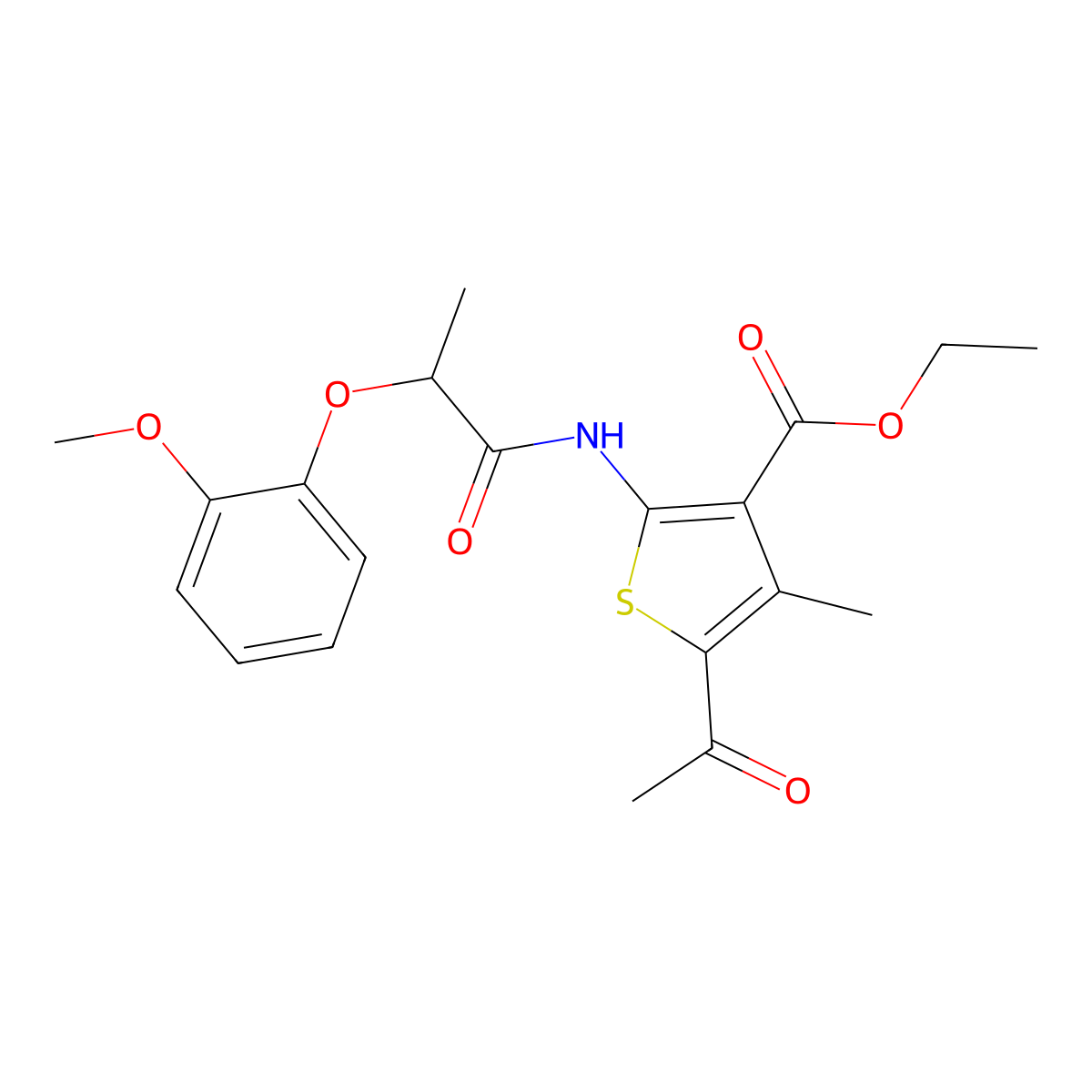 Ethyl 5-acetyl-2-[2-(2-methoxyphenoxy)propanamido]-4-methylthiophene-3-carboxylate molecular structure, CAS 842958-77-4