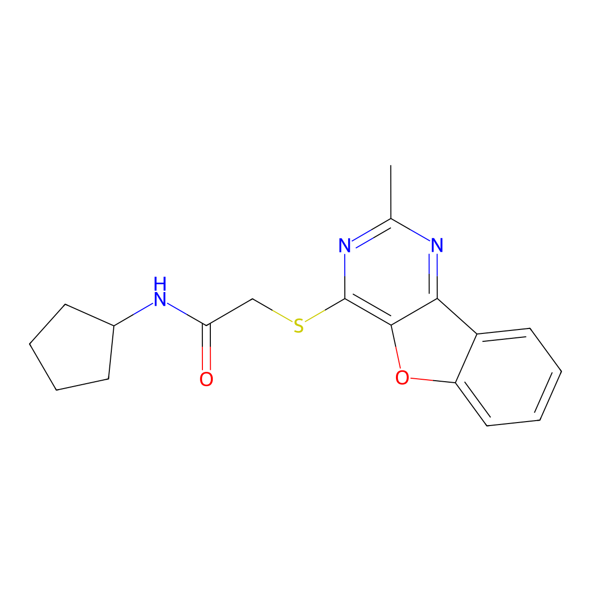 N-cyclopentyl-2-[(2-methyl-[1]benzofuro[3,2-d]pyrimidin-4-yl)sulfanyl]acetamide molecular structure, CAS 842960-27-4