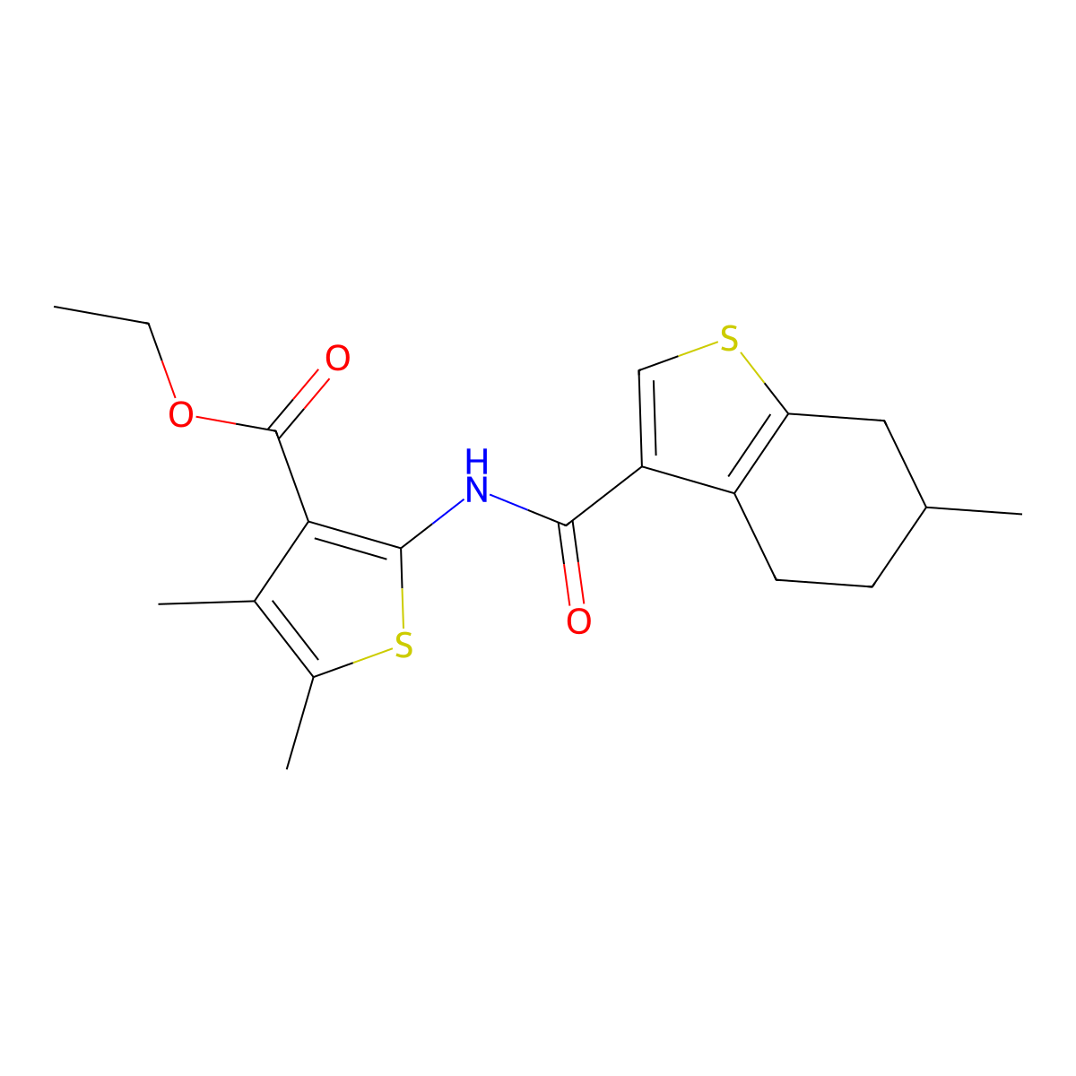 Ethyl 4,5-dimethyl-2-(6-methyl-4,5,6,7-tetrahydrobenzo[b]thiophene-3-carboxamido)thiophene-3-carboxylate molecular structure, CAS 842961-01-7