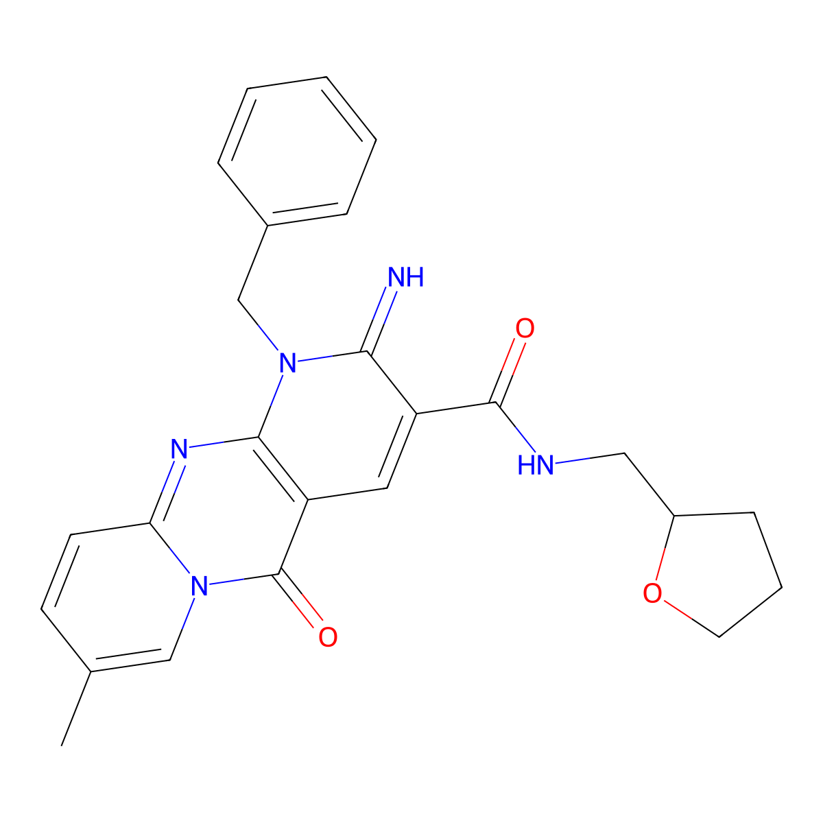 7-benzyl-6-imino-13-methyl-2-oxo-N-[(oxolan-2-yl)methyl]-1,7,9-triazatricyclo[8.4.0.0^{3,8}]tetradeca-3(8),4,9,11,13-pentaene-5-carboxamide molecular structure, CAS 842961-75-5