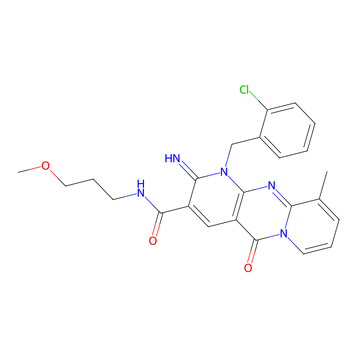 1-(2-chlorobenzyl)-2-imino-N-(3-methoxypropyl)-10-methyl-5-oxo-1,5-dihydro-2H-dipyrido[1,2-a:2',3'-d]pyrimidine-3-carboxamide molecular structure, CAS 842961-76-6