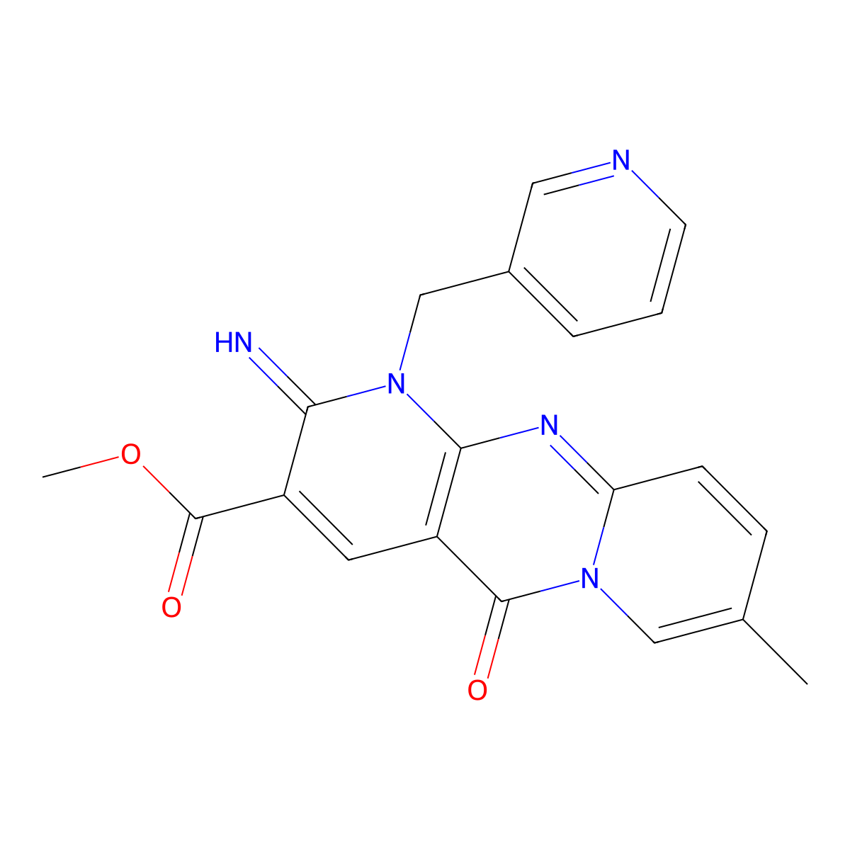 Methyl 6-imino-13-methyl-2-oxo-7-[(pyridin-3-yl)methyl]-1,7,9-triazatricyclo[8.4.0.0^{3,8}]tetradeca-3(8),4,9,11,13-pentaene-5-carboxylate molecular structure, CAS 842961-84-6