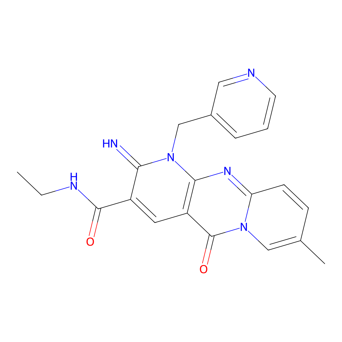 N-ethyl-6-imino-13-methyl-2-oxo-7-[(pyridin-3-yl)methyl]-1,7,9-triazatricyclo[8.4.0.0^{3,8}]tetradeca-3(8),4,9,11,13-pentaene-5-carboxamide molecular structure, CAS 842961-94-8