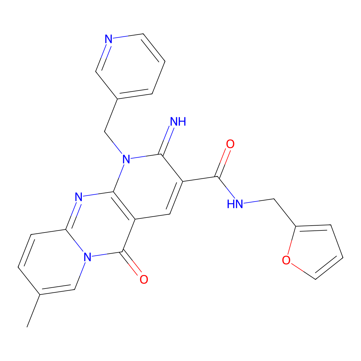 N-[(furan-2-yl)methyl]-6-imino-13-methyl-2-oxo-7-[(pyridin-3-yl)methyl]-1,7,9-triazatricyclo[8.4.0.0^{3,8}]tetradeca-3(8),4,9,11,13-pentaene-5-carboxamide molecular structure, CAS 842962-03-2