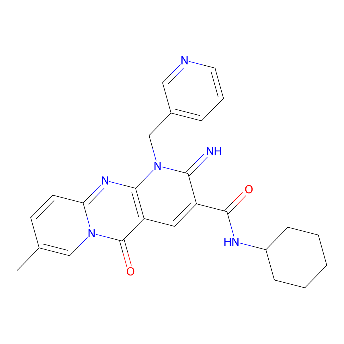 N-cyclohexyl-6-imino-13-methyl-2-oxo-7-[(pyridin-3-yl)methyl]-1,7,9-triazatricyclo[8.4.0.0^{3,8}]tetradeca-3(8),4,9,11,13-pentaene-5-carboxamide molecular structure, CAS 842962-12-3