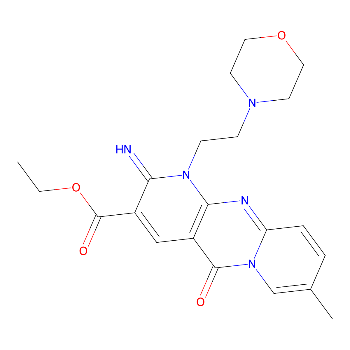 Ethyl 6-imino-13-methyl-7-(2-morpholin-4-ylethyl)-2-oxo-1,7,9-triazatricyclo[8.4.0.03,8]tetradeca-3(8),4,9,11,13-pentaene-5-carboxylate molecular structure, CAS 842962-17-8
