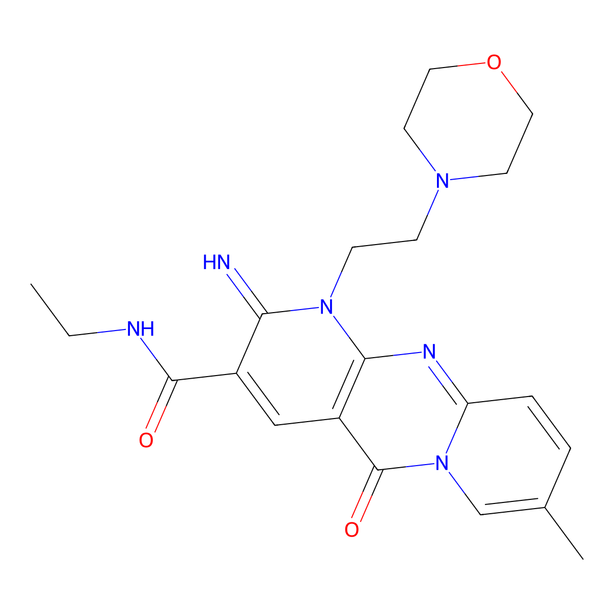 N-ethyl-6-imino-13-methyl-7-[2-(morpholin-4-yl)ethyl]-2-oxo-1,7,9-triazatricyclo[8.4.0.0^{3,8}]tetradeca-3(8),4,9,11,13-pentaene-5-carboxamide molecular structure, CAS 842962-31-6