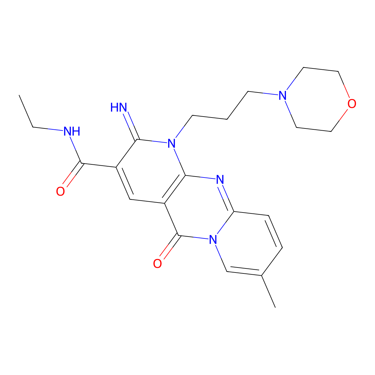 N-ethyl-6-imino-13-methyl-7-[3-(morpholin-4-yl)propyl]-2-oxo-1,7,9-triazatricyclo[8.4.0.0^{3,8}]tetradeca-3(8),4,9,11,13-pentaene-5-carboxamide molecular structure, CAS 842962-51-0