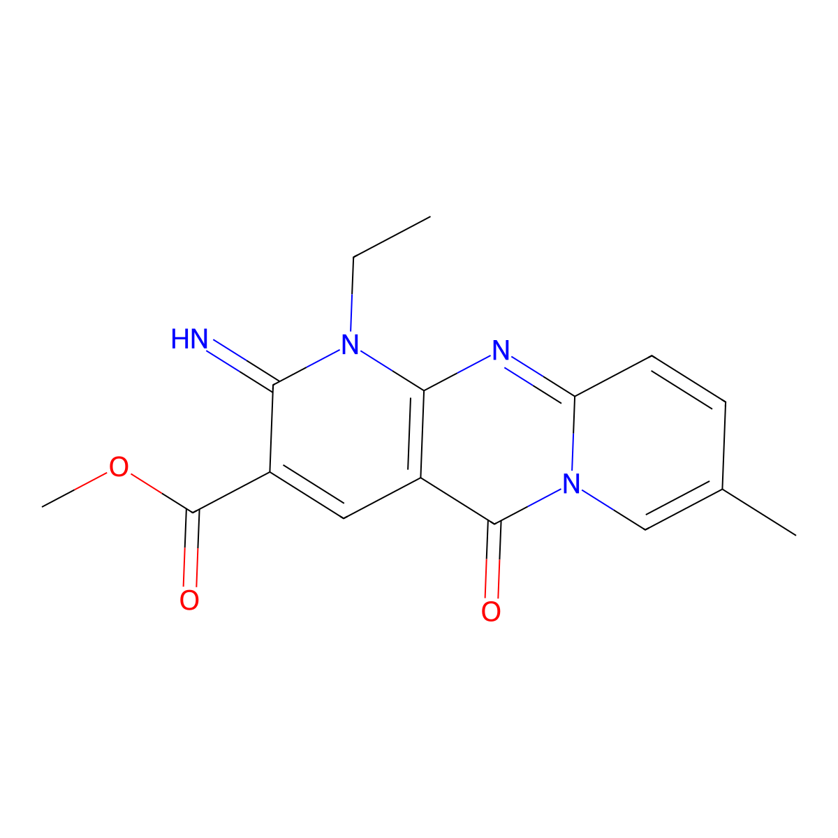 Methyl 7-ethyl-6-imino-13-methyl-2-oxo-1,7,9-triazatricyclo[8.4.0.0^{3,8}]tetradeca-3(8),4,9,11,13-pentaene-5-carboxylate molecular structure, CAS 842962-61-2