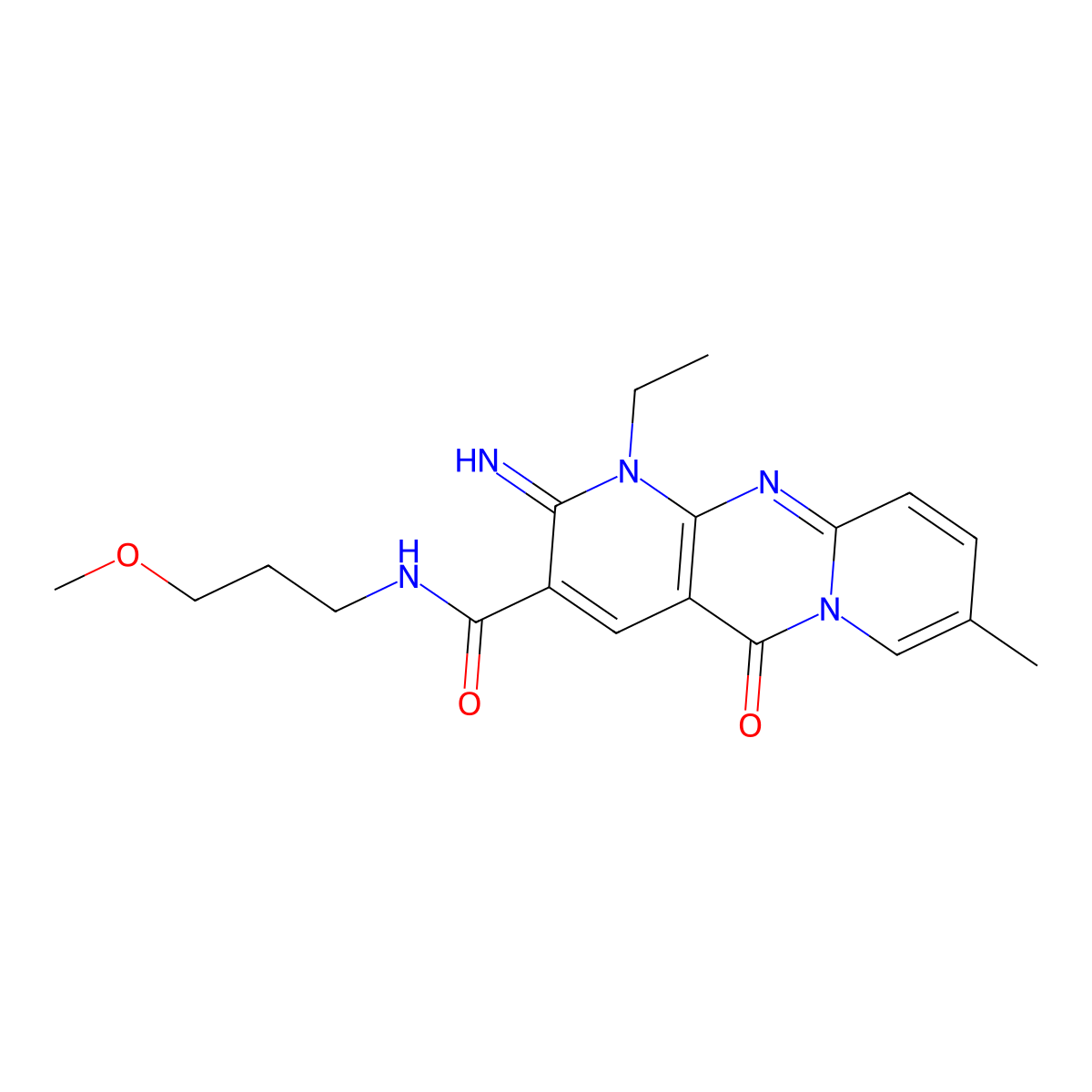 1-ethyl-2-imino-N-(3-methoxypropyl)-8-methyl-5-oxo-1,5-dihydro-2H-dipyrido[1,2-a:2',3'-d]pyrimidine-3-carboxamide molecular structure, CAS 842962-71-4