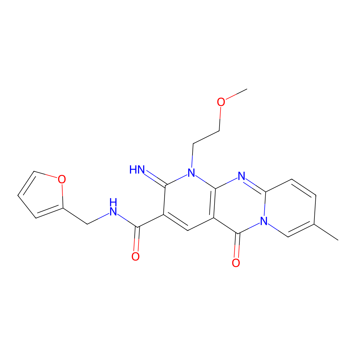 N-[(furan-2-yl)methyl]-6-imino-7-(2-methoxyethyl)-13-methyl-2-oxo-1,7,9-triazatricyclo[8.4.0.0^{3,8}]tetradeca-3(8),4,9,11,13-pentaene-5-carboxamide molecular structure, CAS 842963-51-3