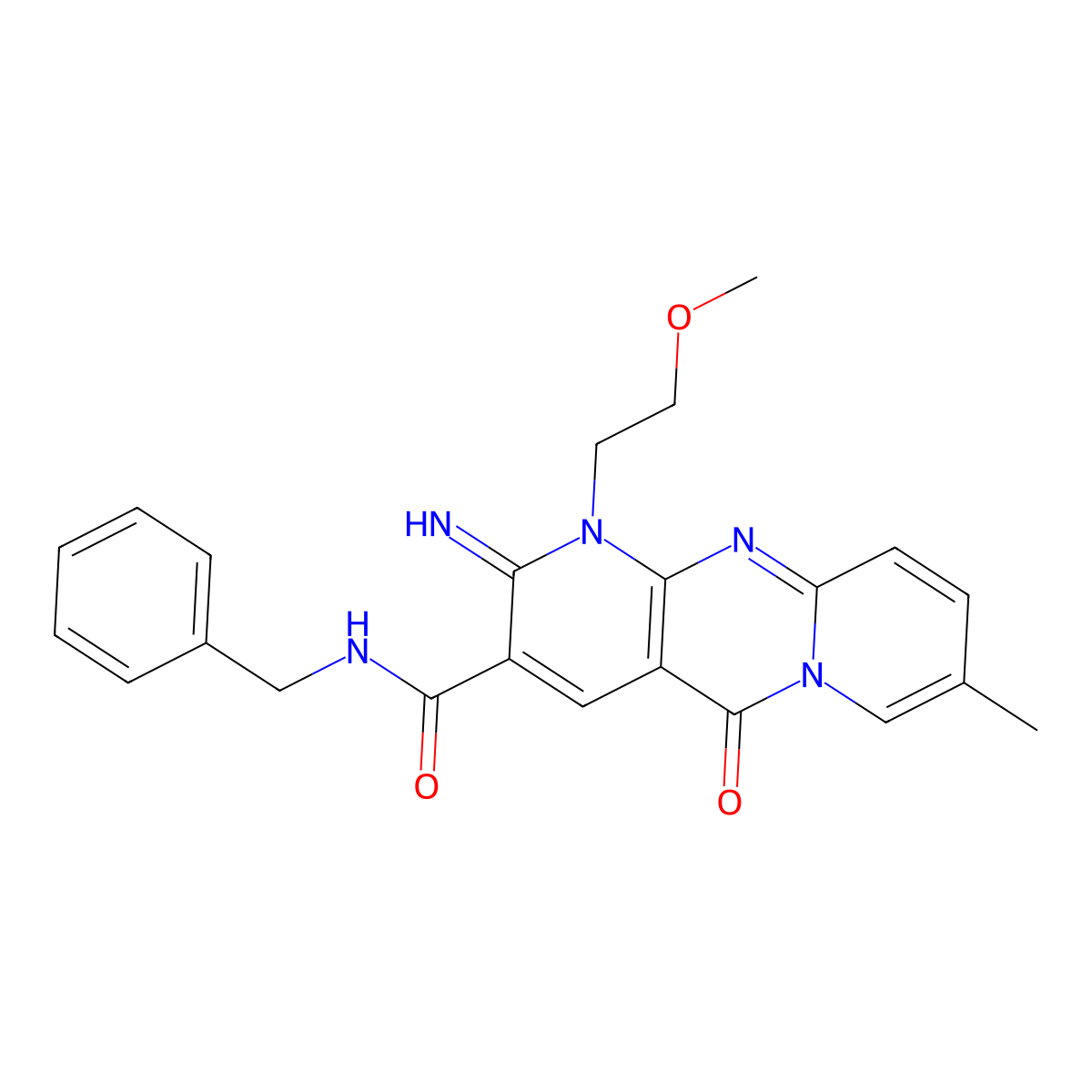 N-benzyl-6-imino-7-(2-methoxyethyl)-13-methyl-2-oxo-1,7,9-triazatricyclo[8.4.0.0^{3,8}]tetradeca-3(8),4,9,11,13-pentaene-5-carboxamide molecular structure, CAS 842963-56-8