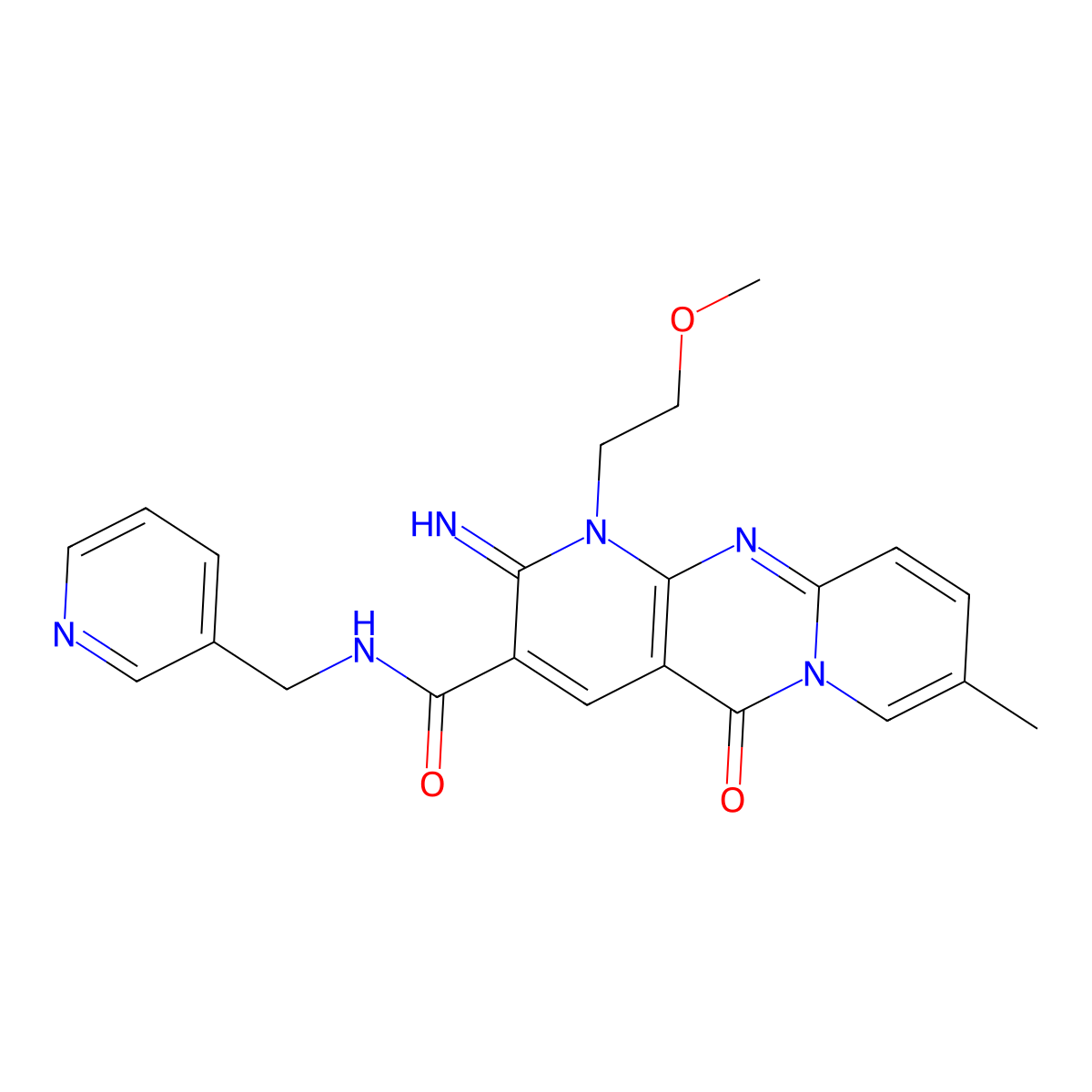6-imino-7-(2-methoxyethyl)-13-methyl-2-oxo-N-(pyridin-3-ylmethyl)-1,7,9-triazatricyclo[8.4.0.03,8]tetradeca-3(8),4,9,11,13-pentaene-5-carboxamide molecular structure, CAS 842963-61-5