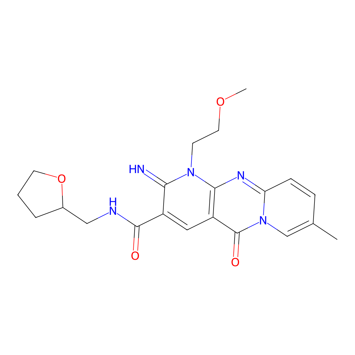 6-imino-7-(2-methoxyethyl)-13-methyl-2-oxo-N-[(oxolan-2-yl)methyl]-1,7,9-triazatricyclo[8.4.0.0^{3,8}]tetradeca-3(8),4,9,11,13-pentaene-5-carboxamide molecular structure, CAS 842963-66-0