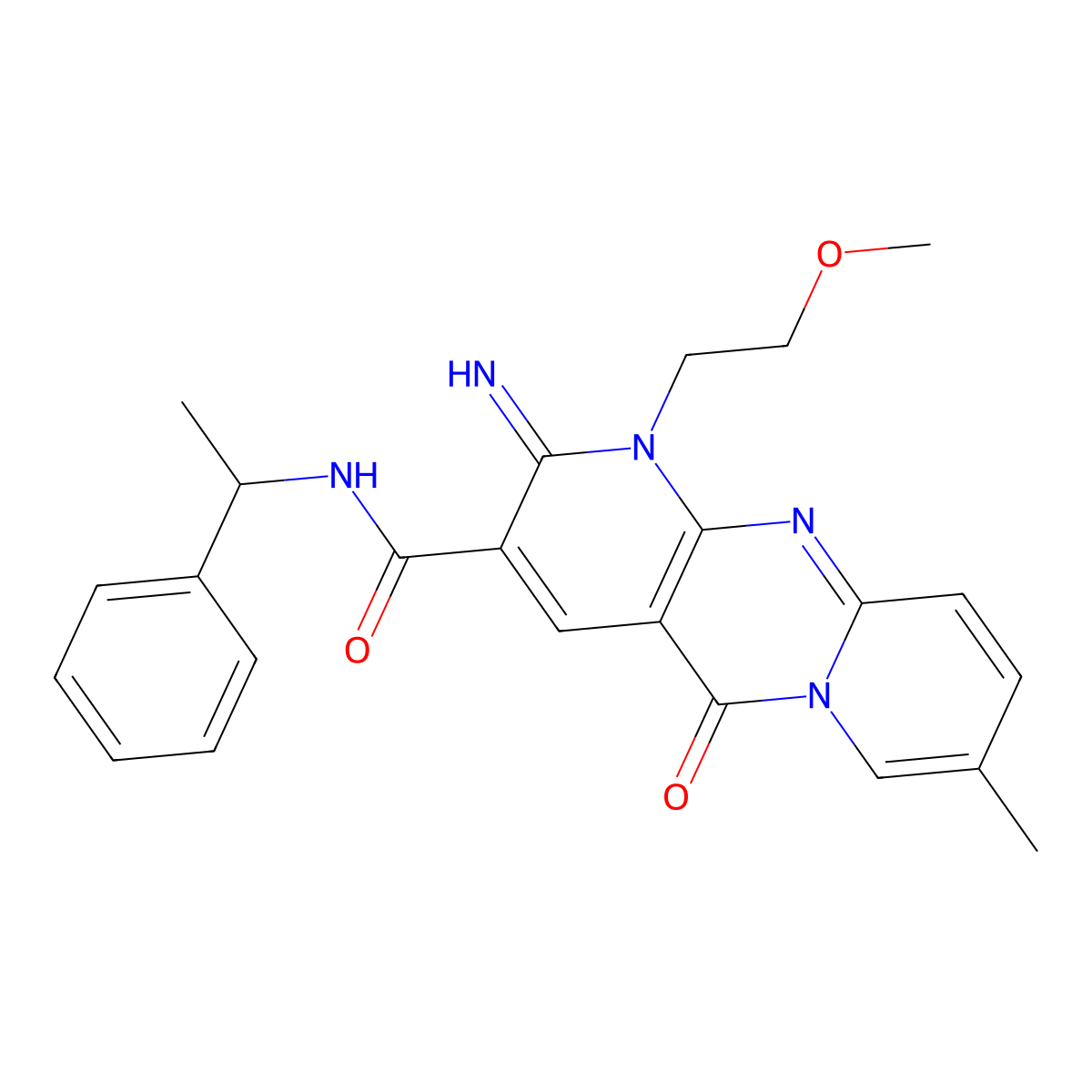 2-imino-1-(2-methoxyethyl)-8-methyl-5-oxo-N-(1-phenylethyl)-1,5-dihydro-2H-dipyrido[1,2-a:2',3'-d]pyrimidine-3-carboxamide molecular structure, CAS 842963-70-6