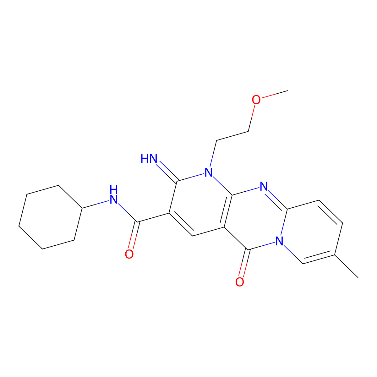 N-cyclohexyl-6-imino-7-(2-methoxyethyl)-13-methyl-2-oxo-1,7,9-triazatricyclo[8.4.0.0^{3,8}]tetradeca-3(8),4,9,11,13-pentaene-5-carboxamide molecular structure, CAS 842963-78-4