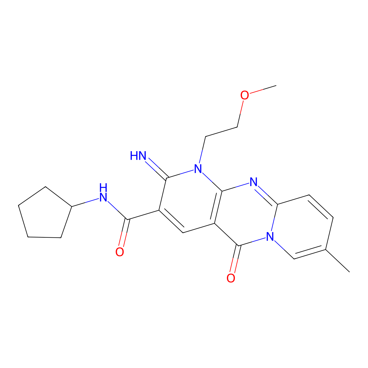 N-cyclopentyl-2-imino-1-(2-methoxyethyl)-8-methyl-5-oxo-1,5-dihydro-2H-dipyrido[1,2-a:2',3'-d]pyrimidine-3-carboxamide molecular structure, CAS 842963-82-0