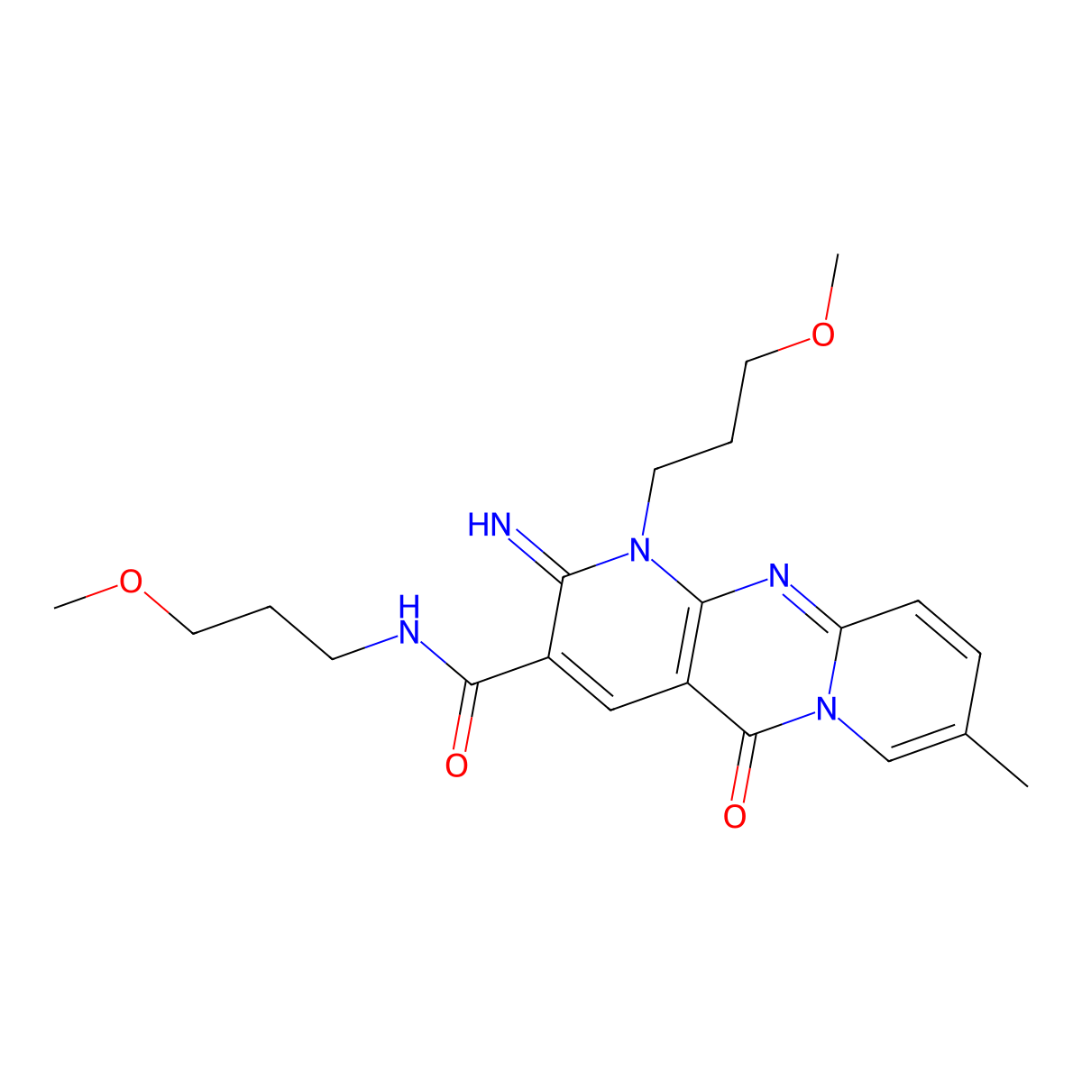 2-imino-N,1-bis(3-methoxypropyl)-8-methyl-5-oxo-1,5-dihydro-2H-dipyrido[1,2-a:2',3'-d]pyrimidine-3-carboxamide molecular structure, CAS 842964-11-8