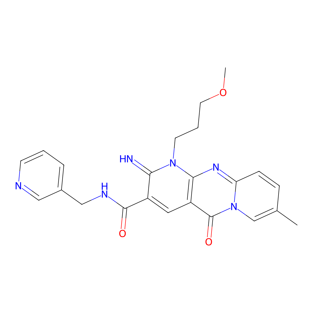 2-imino-1-(3-methoxypropyl)-8-methyl-5-oxo-N-(pyridin-3-ylmethyl)-1,5-dihydro-2H-dipyrido[1,2-a:2',3'-d]pyrimidine-3-carboxamide molecular structure, CAS 842964-26-5