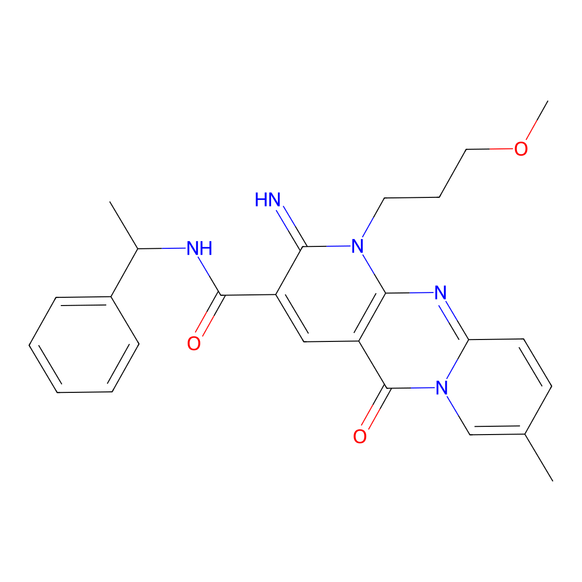 6-imino-7-(3-methoxypropyl)-13-methyl-2-oxo-N-(1-phenylethyl)-1,7,9-triazatricyclo[8.4.0.0^{3,8}]tetradeca-3(8),4,9,11,13-pentaene-5-carboxamide molecular structure, CAS 842964-36-7
