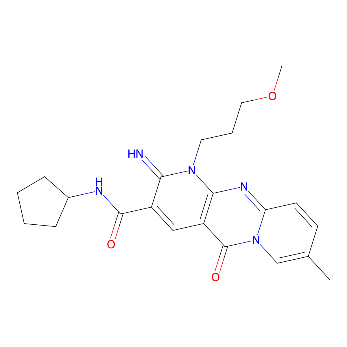 N-cyclopentyl-6-imino-7-(3-methoxypropyl)-13-methyl-2-oxo-1,7,9-triazatricyclo[8.4.0.0^{3,8}]tetradeca-3(8),4,9,11,13-pentaene-5-carboxamide molecular structure, CAS 842964-51-6