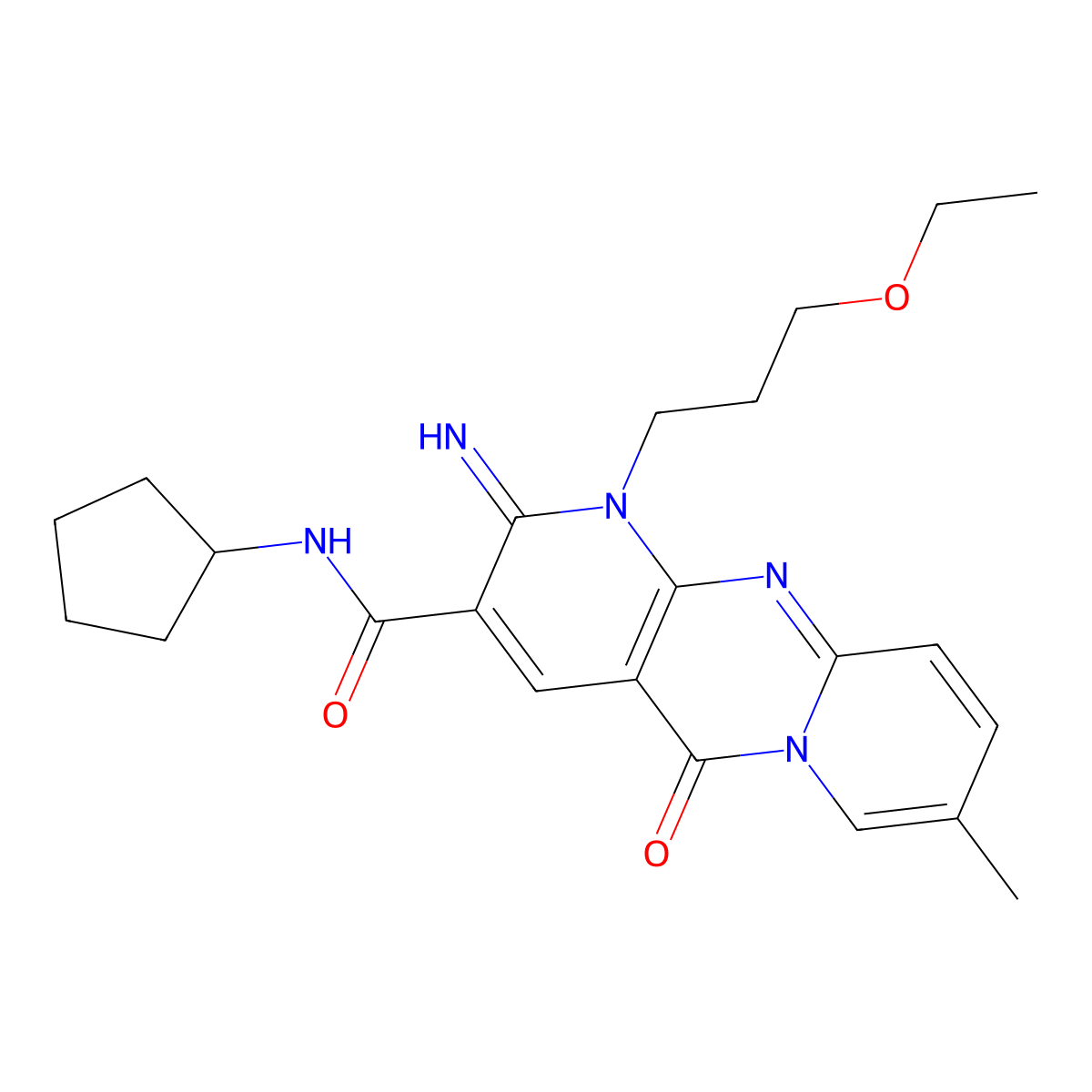 N-cyclopentyl-7-(3-ethoxypropyl)-6-imino-13-methyl-2-oxo-1,7,9-triazatricyclo[8.4.0.0^{3,8}]tetradeca-3(8),4,9,11,13-pentaene-5-carboxamide molecular structure, CAS 842964-71-0