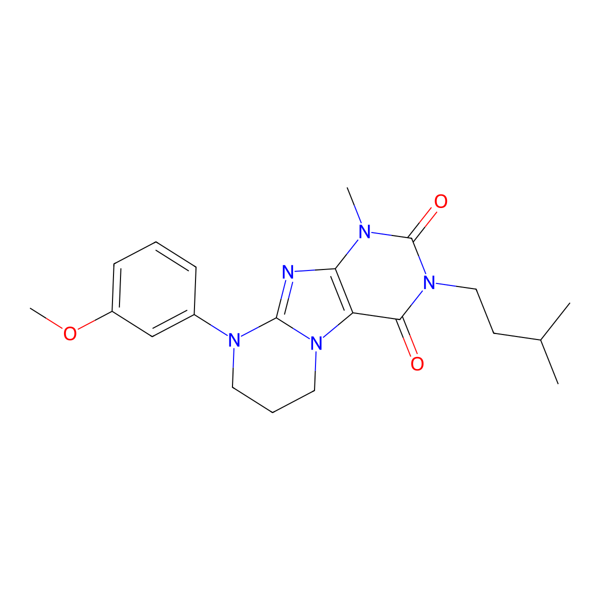 6,7,8,9-Tetrahydro-9-(3-methoxyphenyl)-1-methyl-3-(3-methylbutyl)pyrimido[2,1-f]purine-2,4(1H,3H)-dione molecular structure, CAS 842966-35-2