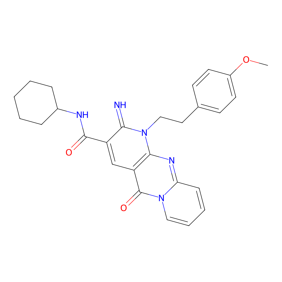 N-cyclohexyl-6-imino-7-[2-(4-methoxyphenyl)ethyl]-2-oxo-1,7,9-triazatricyclo[8.4.0.0^{3,8}]tetradeca-3(8),4,9,11,13-pentaene-5-carboxamide molecular structure, CAS 842966-82-9