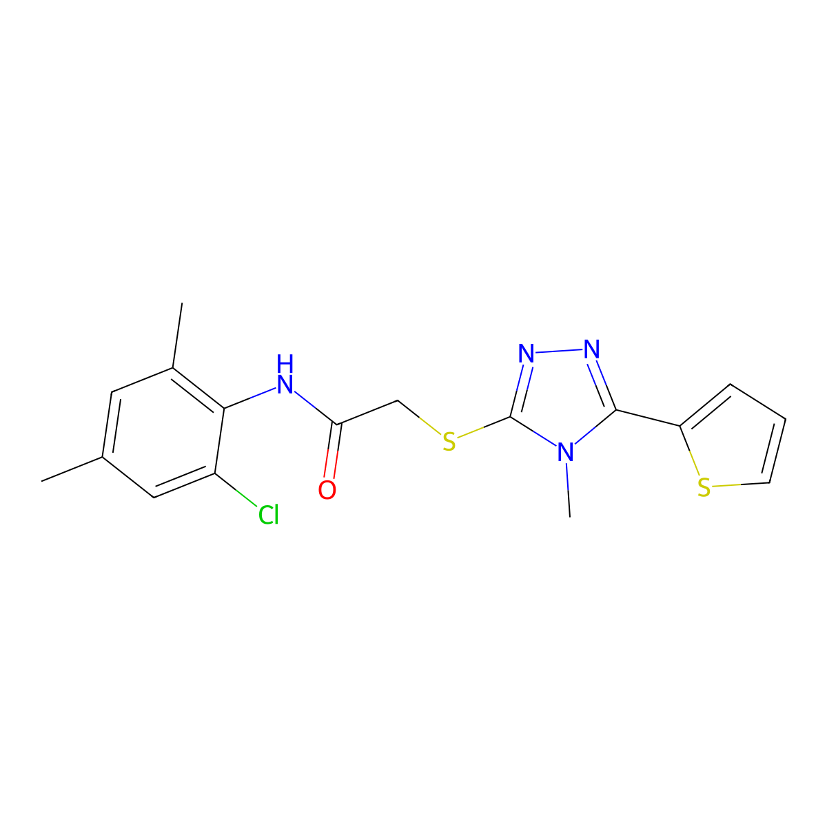 N-(2-chloro-4,6-dimethylphenyl)-2-{[4-methyl-5-(thiophen-2-yl)-4H-1,2,4-triazol-3-yl]sulfanyl}acetamide molecular structure, CAS 842966-92-1