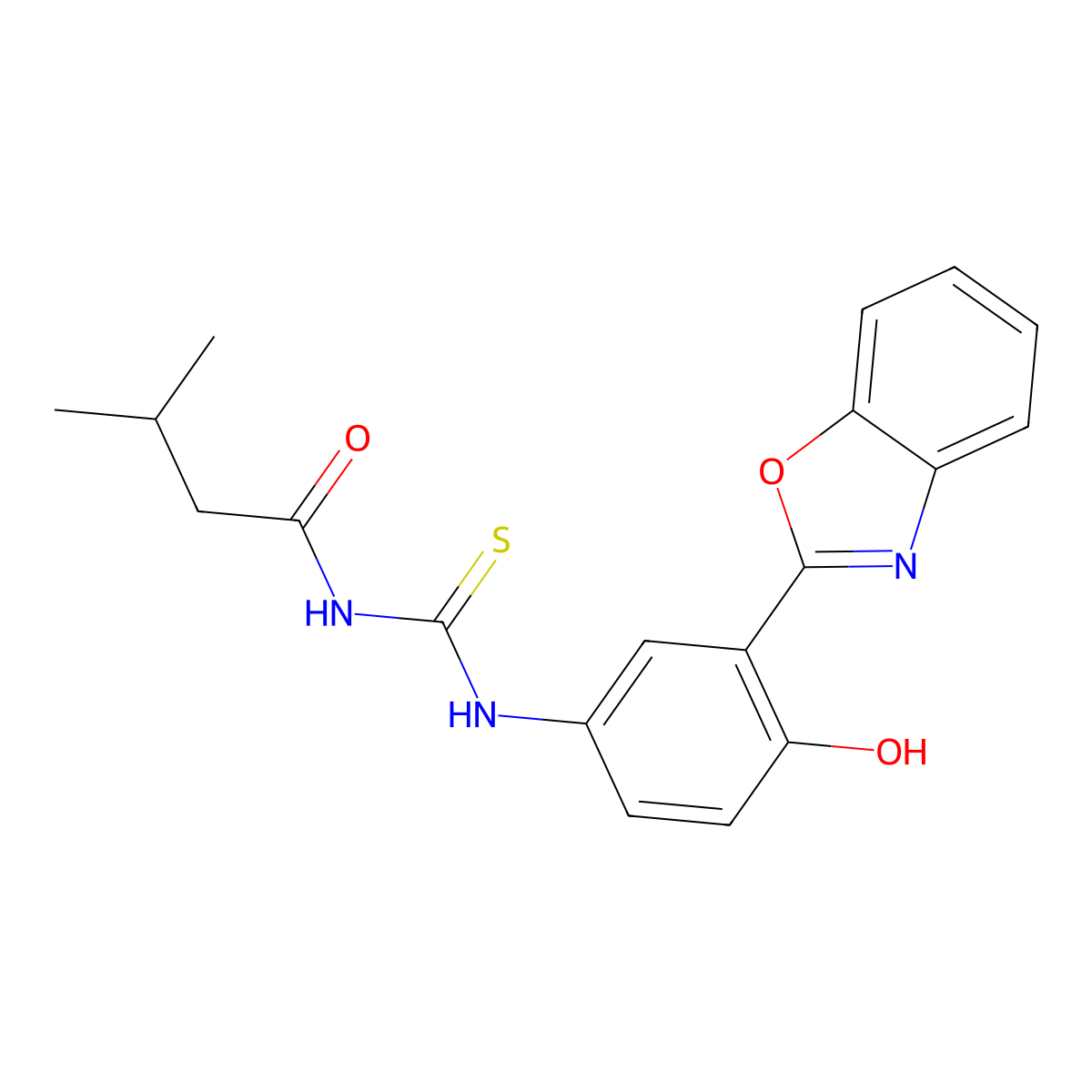 N-((3-(benzo[d]oxazol-2-yl)-4-hydroxyphenyl)carbamothioyl)-3-methylbutanamide molecular structure, CAS 842967-71-9