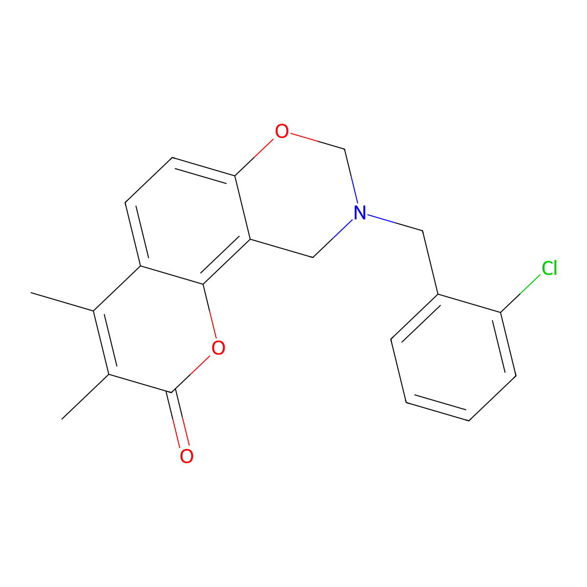 9-(2-chlorobenzyl)-3,4-dimethyl-9,10-dihydro-2H,8H-chromeno[8,7-e][1,3]oxazin-2-one molecular structure, CAS 842967-88-8