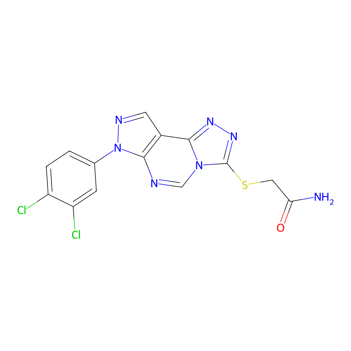 2-{[10-(3,4-Dichlorophenyl)-3,4,6,8,10,11-hexaazatricyclo[7.3.0.0^{2,6}]dodeca-1(9),2,4,7,11-pentaen-5-yl]sulfanyl}acetamide molecular structure, CAS 842968-29-0