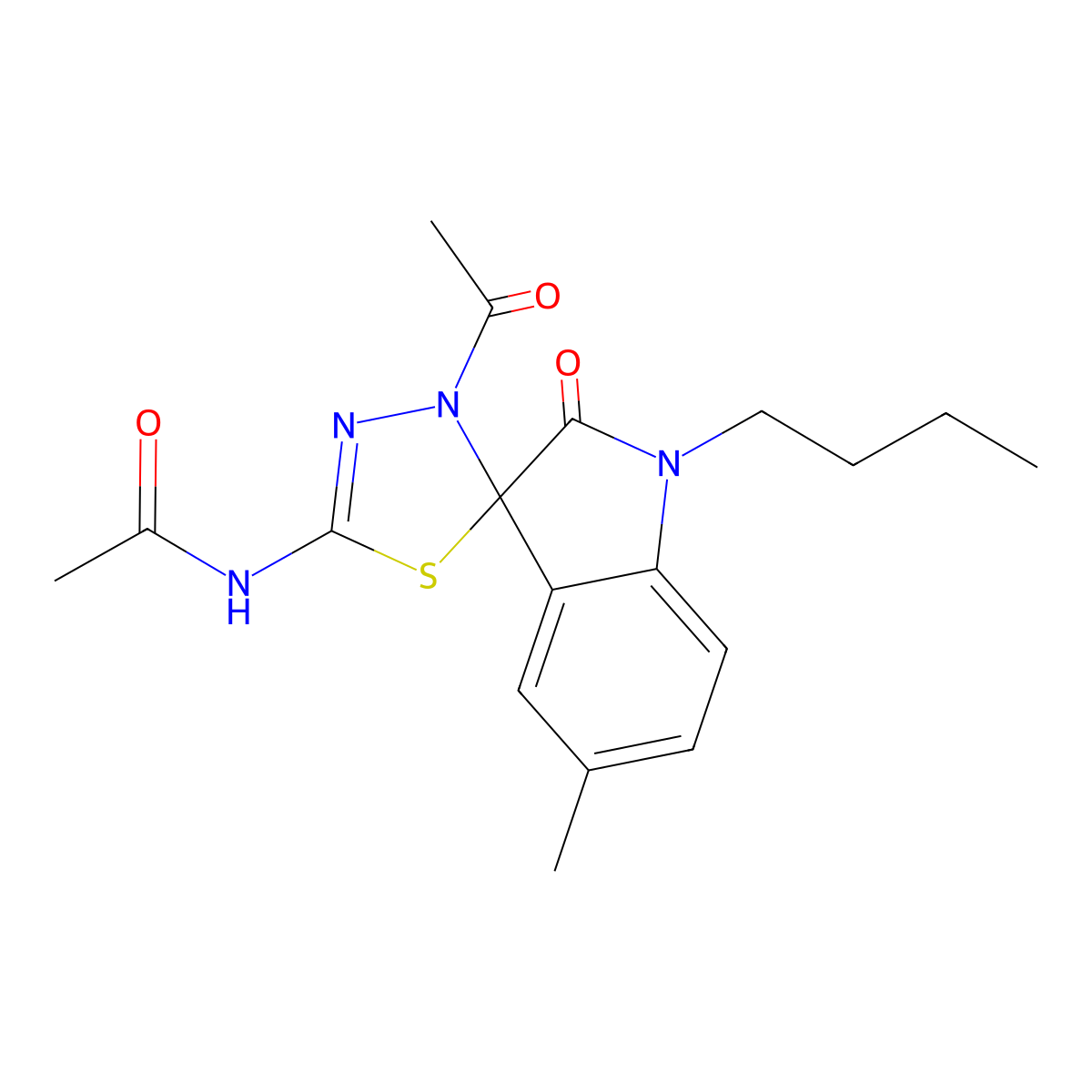 N-(4-acetyl-1'-butyl-5'-methyl-2'-oxospiro[1,3,4-thiadiazole-5,3'-indole]-2-yl)acetamide molecular structure, CAS 842970-59-6