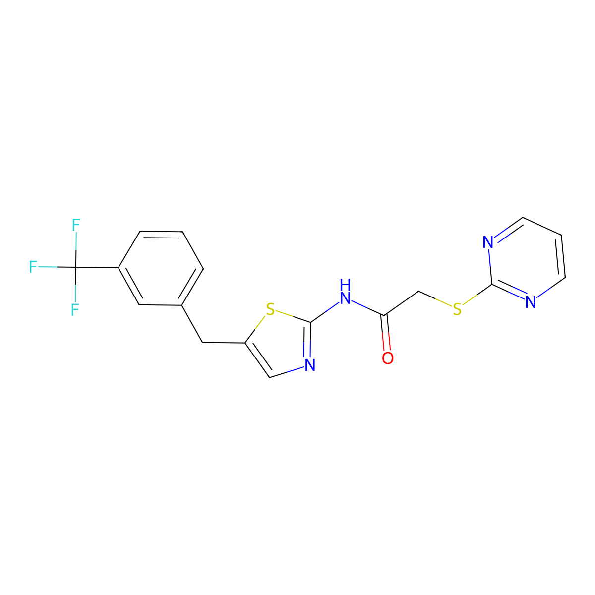 2-pyrimidin-2-ylsulfanyl-N-[5-[[3-(trifluoromethyl)phenyl]methyl]-1,3-thiazol-2-yl]acetamide molecular structure, CAS 842970-88-1